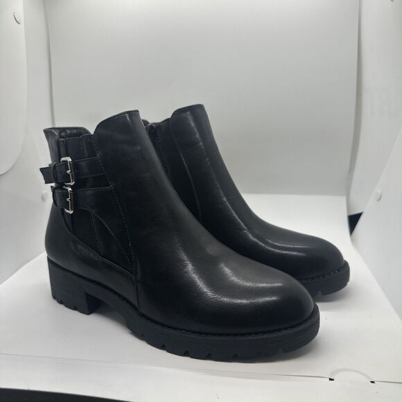 Elditas Stella Black Ankle Combat Boots Double Buckle 2-inch heel Size 9 - Picture 1 of 14